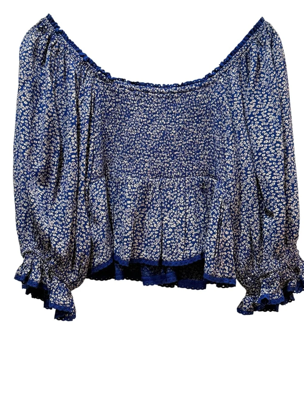 Free People Boho Babydoll Top XS Smocked Sweetheart Lace Puff Sleeve NWOT